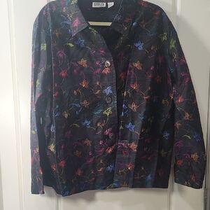 Chico's Black Silk Shirt with Colorful Embroidered Floral Accents Size 3